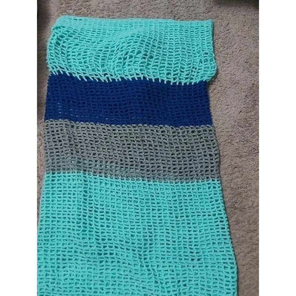 Crochet Quilt Throw Blanket Aqua/Gray/Blue 92L x 46W Comfy Cozy Winter Granny